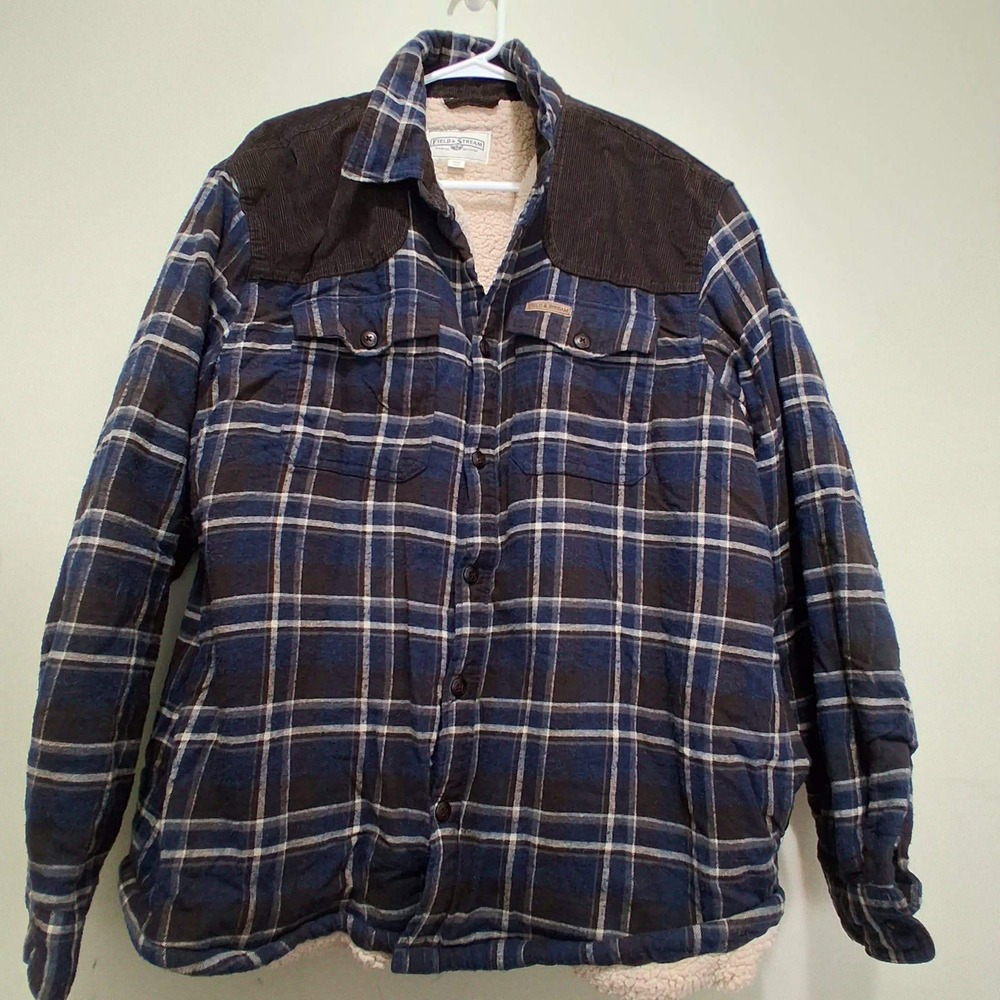 Field & Stream Mens XXL Sherpa Lined Flannel Shirt Jacket Blue Brown Plaid Cord